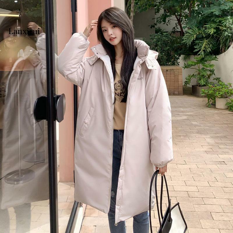 Inverno feminino solto parkas jaqueta casual preto com capuz grosso quente à prova de vento parkas casaco moda feminina outwear longo parkas