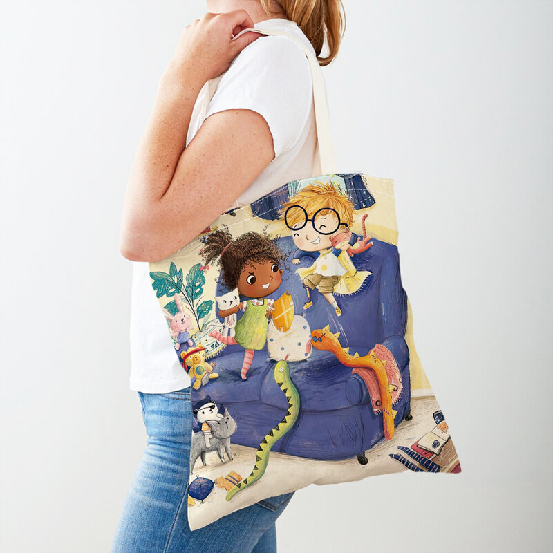 Bolsa de compras de desenhos animados para mulheres e meninas, reutilizável, dobrável, casual, lona, menina, sacolas, bolsa de viagem