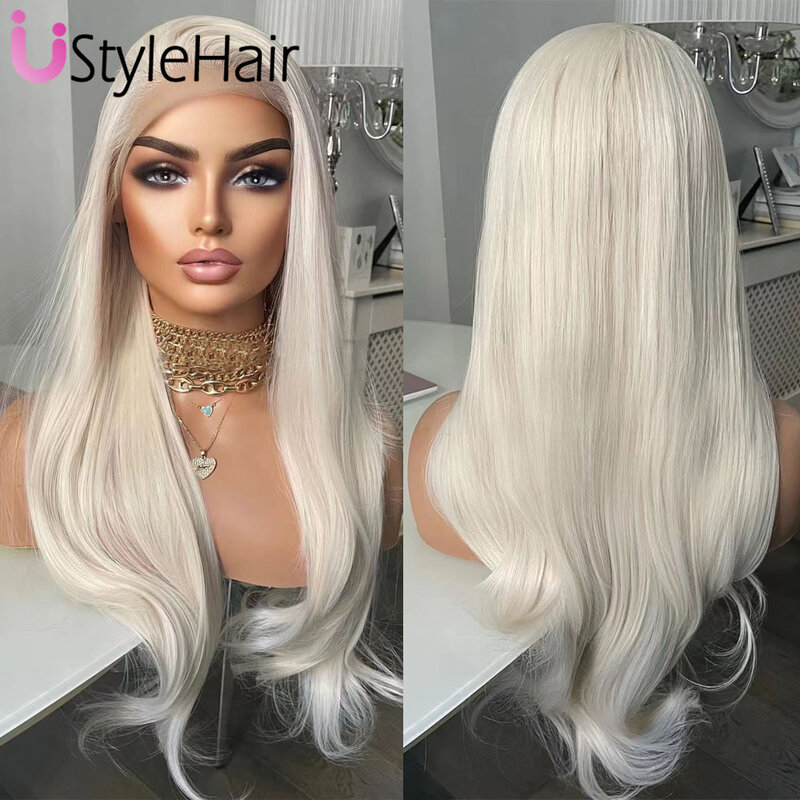 UStyleHair Platinum Blonde Lace Front Wig Natural Wave Synthetic Hair Daily Use Glueless Platinum Wigs Cosplay Party Drag Queen
