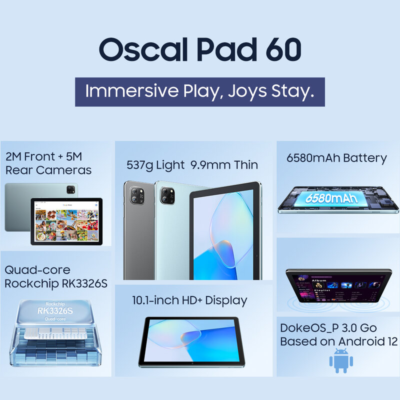 Oscal Pad 60 Tablet 10.1 inci HD + Display, PC Tablet Wifi RAM 3GB ROM 64GB baterai 6580mAh Android 12 kotak ganda Speaker