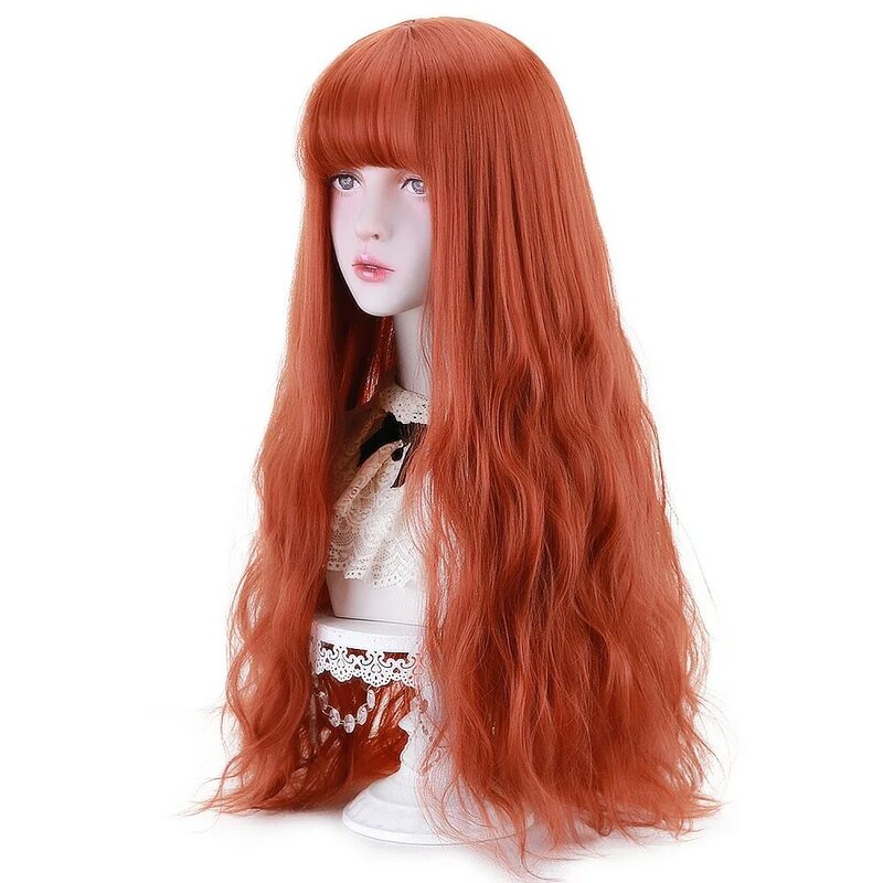 Free Beauty-pelucas de pelo largo y ondulado de cobre sintético para mujer, color rojo, marrón oscuro, azul, 32 ", para Cosplay, Lolita, con flequillo, fiesta de disfraces