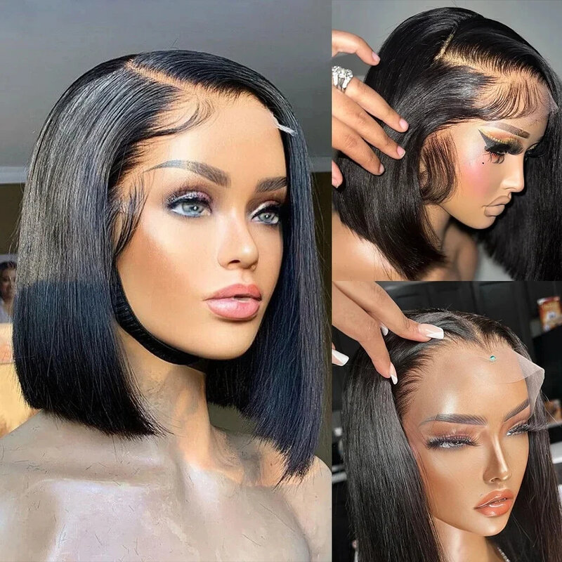 Korte Bob Pruik 13X4 Transparant Lace Frontale Pruik Brazilian Steil Menselijk Haar Pruiken Remy Hair 4X4 Lace Sluiting Pruik 200% Dichtheid
