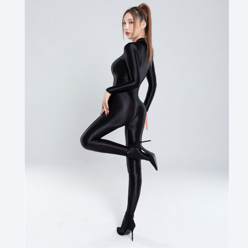 Oily Glossy Long Sleeve Full Body Jumpsuit For Women Zippered Open Crotch One-piece Bodysuit Elastic See Through Tights Shapping