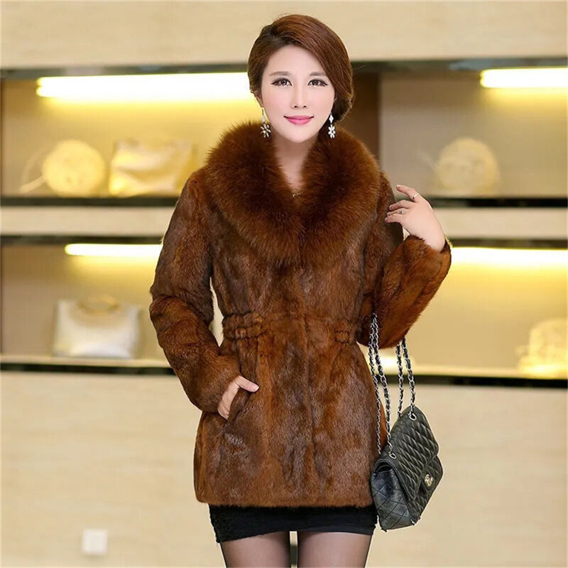 Middle and Old Age New Imitation Rex Rabbit Fur Grass Coat Women's Mid length Fox Fur Collar Large and Thickened Mother's Wear