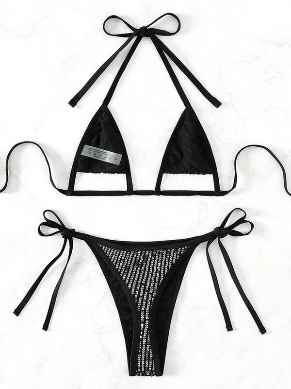 Bikini con cuello Halter y lentejuelas brillantes para mujer, traje de baño femenino con Tanga, conjunto de Bikini de dos piezas, microtraje de baño 2024