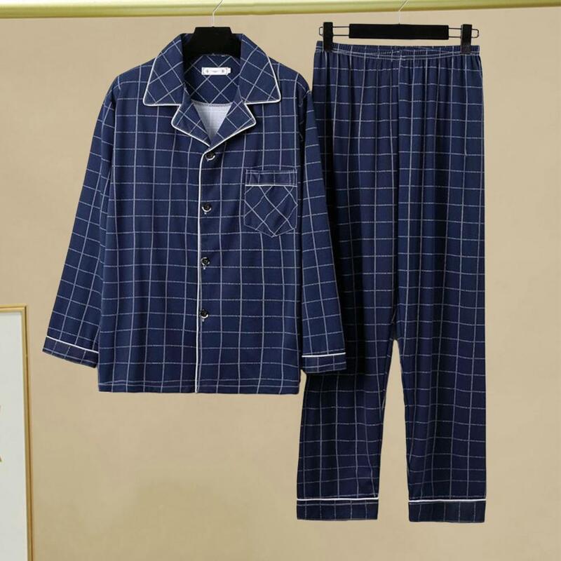Conjunto de pijama xadrez masculino, loungewear de seda com leite, camisa de peito único com lapela, calça larga, listrada, outono, inverno, 2 peças