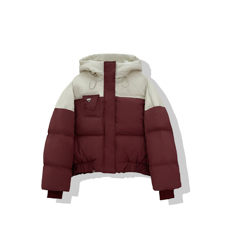 Koreański styl kontrastu kolorowy Patchwork kurtki puchowe luźna płaszcze z kapturem jesienno-zimowa gruba termiczna odzież wierzchnia