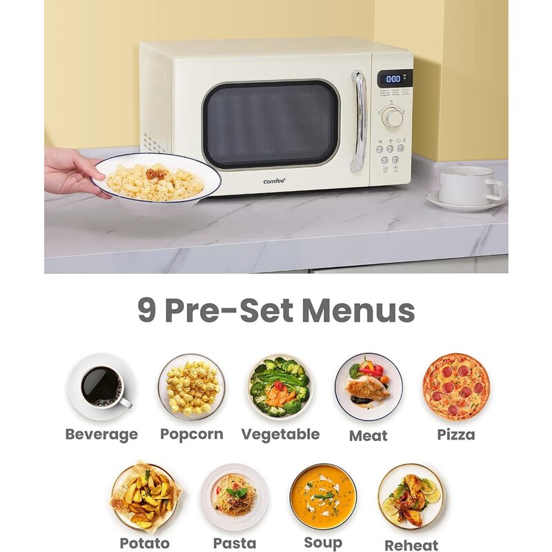 Oven Microwave kecil Retro dengan ukuran kompak, 9 menu Preset, posisi meja putar memori, fungsi bisu