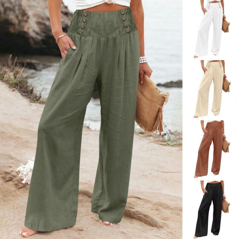 Summer 2024 Women Casual Pants Wide Elastic Waist Buttons Decor Long Pants Wide Leg Pockets Trousers Streetwear