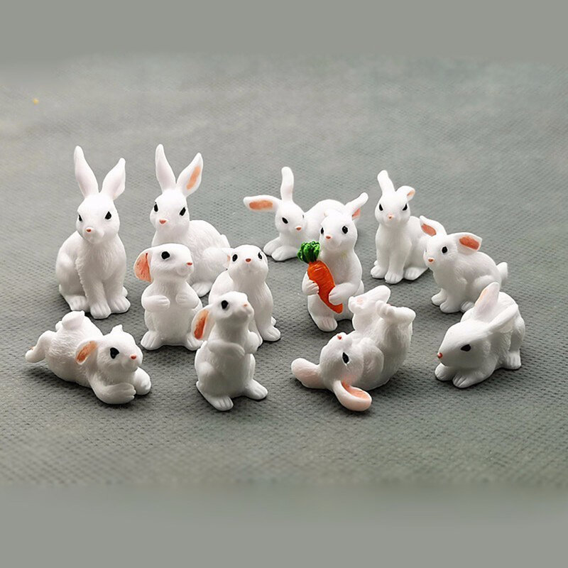 Estatuilla de conejo en miniatura, estatua de conejito de resina, jardín de hadas, Micro paisaje, adorno de casa de muñecas, Mini Animal de liebre blanco, 12 estilos
