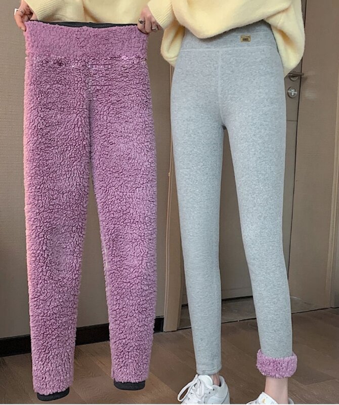 New Women'S Leggings Winter Warm Lamb Slimming Pant High Waist Solid Color Stretchy Legging Thick Velvet Thermal Tight Pants