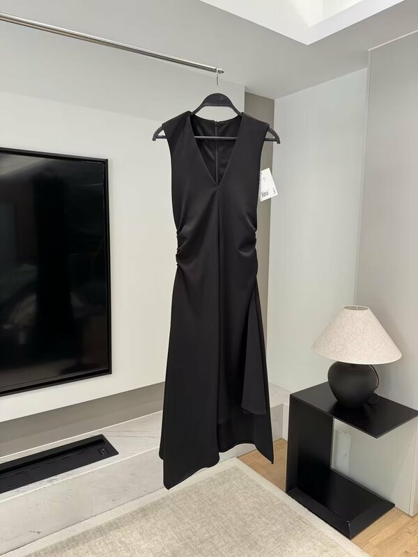 Vestido Midi plisado con dobladillo asimétrico sin mangas para Mujer, vestido negro ajustado, moda elegante, nuevo