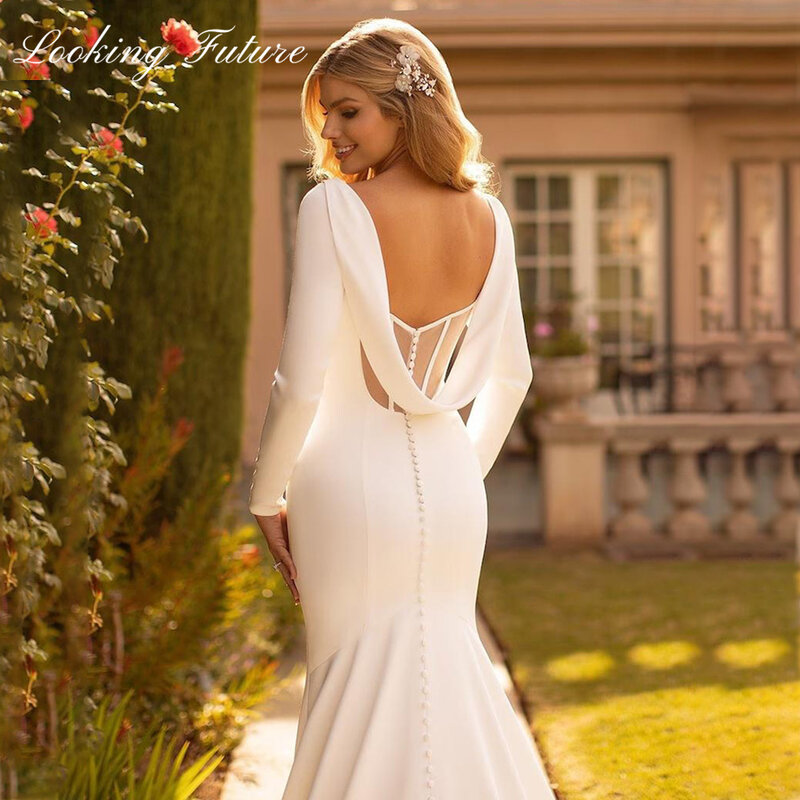 Женское свадебное платье-Русалка It's yiiya, белое элегантное атласное платье с длинными рукавами и круглым вырезом на спине на лето 2024