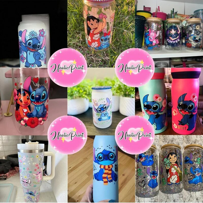 Stitch 16oz UV DTF Cup Wrap Libbey Glass Beer Can tumbler Transfer Stickers Waterproof Permanent Adhesive Spring Flower Cartoon