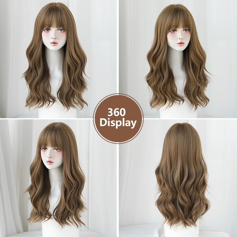 7JHH WIGS Costume Wig Synthetic Layered Honey Blonde Wig for Women Fashion Body Wavy Brown Wigs with Fluffy Bangs High Density