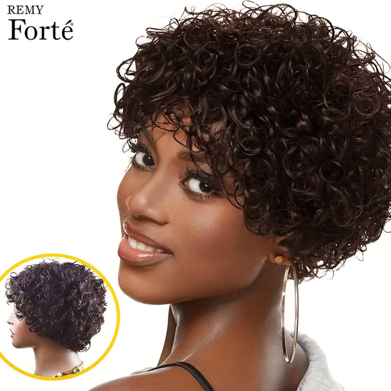 Pelucas de cabello humano rizado para mujeres negras, pelo corto Bob, corte Pixie, marrón claro, hecho a máquina, Afro, rizado