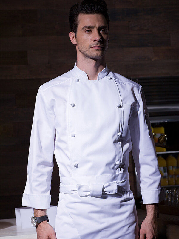 คุณภาพสูง Chef แจ็คเก็ตแขนยาวร้านอาหารห้องครัวทำอาหาร Uniform Hotel Unisex Pakaian Memasak Catering Mens Waiter Overalls