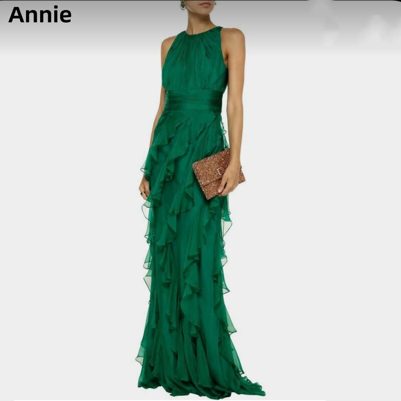 Annie-vestido elegante con volantes verdes para mujer, traje De fiesta Formal De línea A, vestido De Noche personalizado para ocasiones, 2024