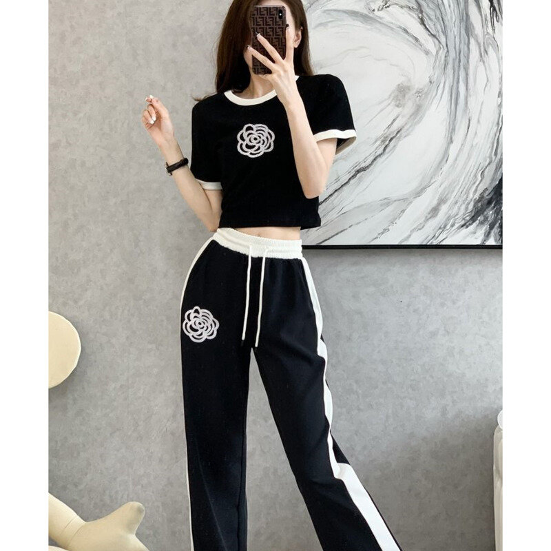 Women's Casual Sports Suit 2024 Summer New Fashion Street Bombing Style Short Sleeve Corp Top And Wide Leg Pants 2 Two Piece Set