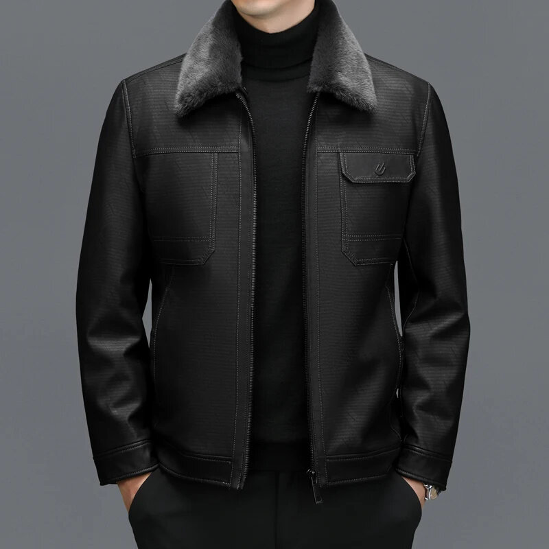 Casaco de couro genuíno masculino, jaqueta casual espessa, lapela de pele de carneiro, ZDT-8051, inverno