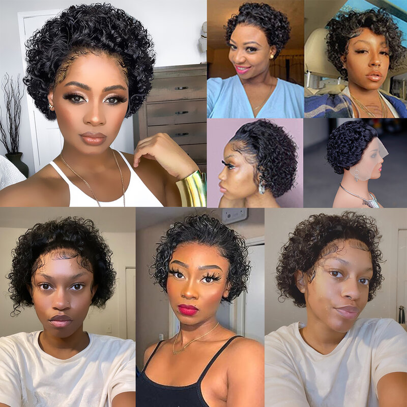 Short Pixie Cut Wig Black Lace Frontal Human Hair Deep Curly Bob Wigs for Black Women T Part Lace Wig 100% Remy Human Hair