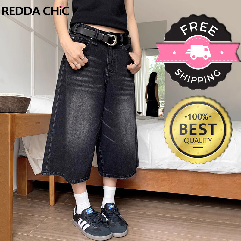 Мешковатые джинсовые шорты REDDACHiC в стиле ретро Y2k для мужчин и женщин, черные джинсы с низкой талией, повседневные широкие брюки, потертые джинсовые шорты, Одежда большого размера