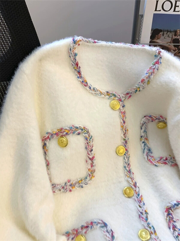 Женский белый кардиган, вязаный свитер в стиле Харадзюку 1920-х, Милый джемпер в Корейском стиле с длинным рукавом, мохеровый свитер 90-х, винтажная одежда Y2k на осень