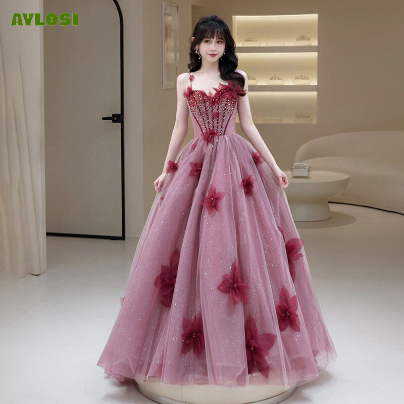 AyLosi-Vestido de festa feminino sem mangas, apliques de renda, vestido longo, elegante vestido de baile, vestido de baile para banquete, estilo princesa