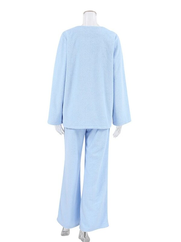 Marthaqiqi baru 2023 pakaian rumah musim dingin seksi V-Neck pakaian tidur lengan panjang gaun malam celana kaki lebar setelan piyama wanita kasual biru