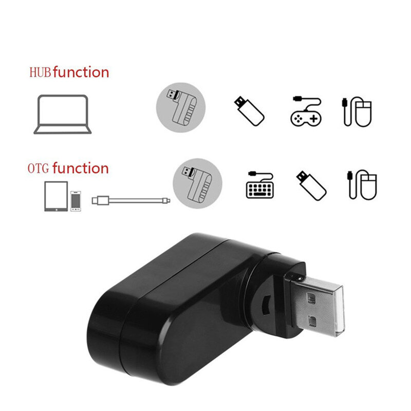 USB 2.0 Hub Expansão Preto, 3 Portas Adaptador, Mini Splitter, Hub Girar