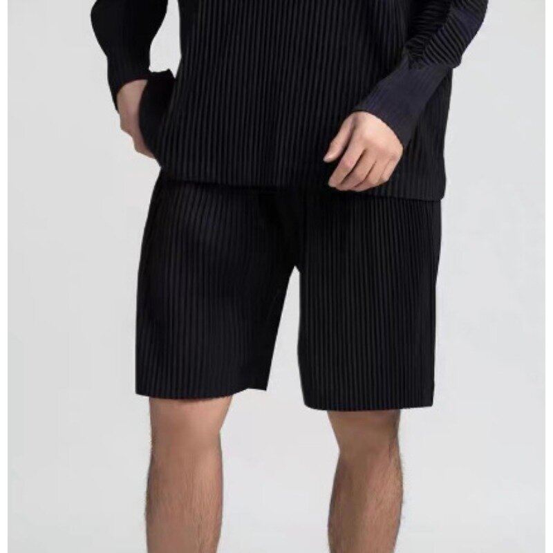 Shorts masculinos plissados, calças cinco quartos, cordão elástico reto solto, pregas originais, cem, para primavera e verão, 2022