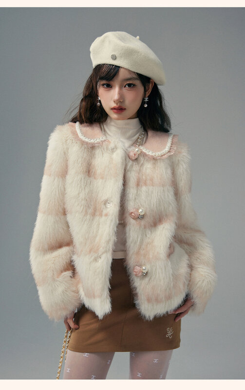 Dolce carino stile principessa manica lunga monopetto cappotto di pelliccia finta delle donne 2023 inverno bambola collare giacca di pelliccia ambientale