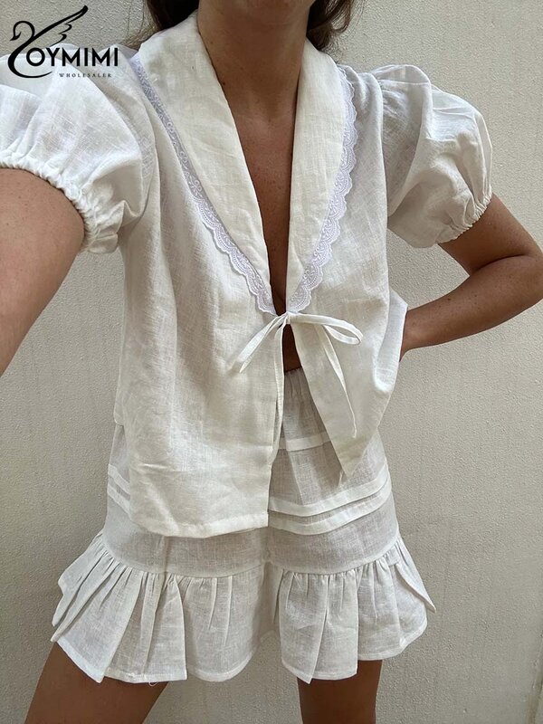 Oymimi เซ็ต2ชิ้นเสื้อลูกไม้ลูกไม้สั้นลำลองสำหรับผู้หญิง, เสื้อผ้าฝ้ายสีขาวหรูหรากระโปรงมินิสเกิร์ตมีจีบ