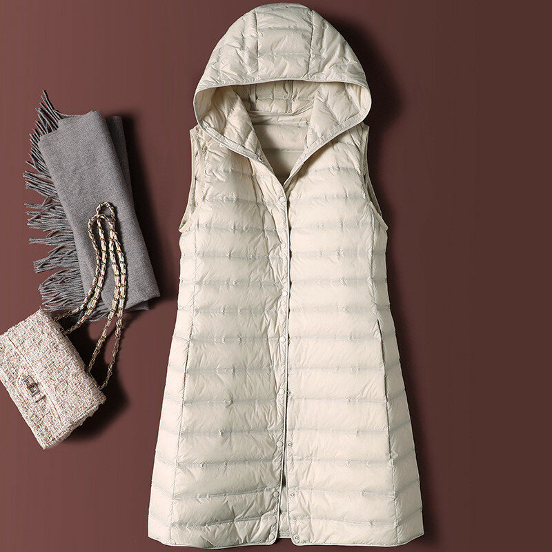 Chaleco largo con capucha para mujer, chaqueta ultraligera de plumón de pato blanco, Parkas cálidas sin mangas delgadas, Otoño e Invierno