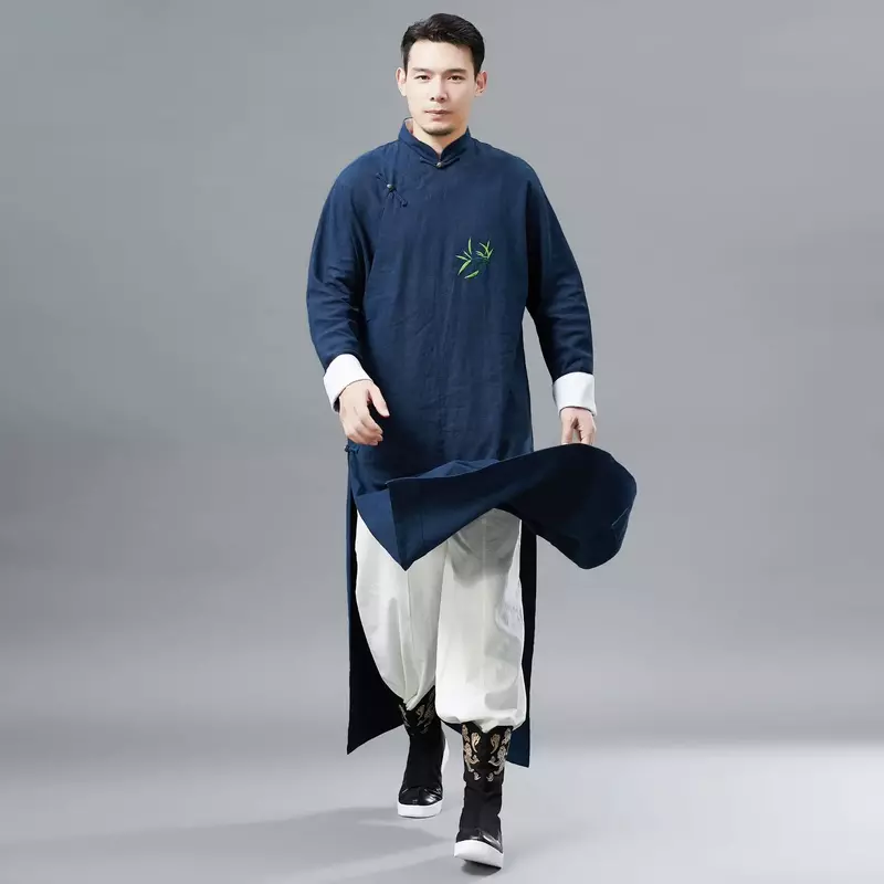 Kemeja panjang bordir bambu pria, Hanfu panjang gaya etnik hijau