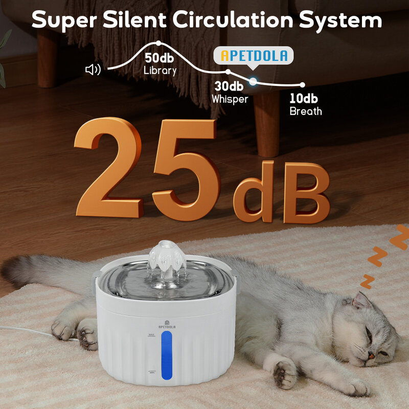 APETDOLA fuente de agua para gato Automático, Dispensador de agua para mascotas de 2L con acero inoxidable, Sistema de filtrado de bandeja de 6 niveles, Sin BPA para gatos, perros, mascotas múltiples