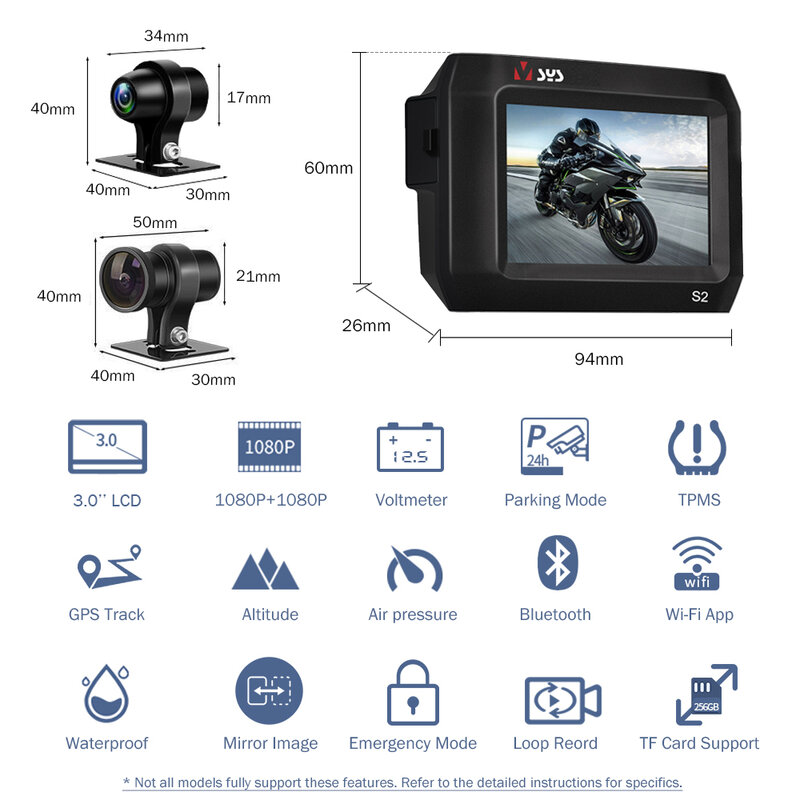VSYS-S2DL Dual 1080P Motocicleta DVR Dash Cam, SONY Starvis, Bluetooth, Modo de Estacionamento TPMS, Câmera impermeável Motocicleta, WiFi GPS