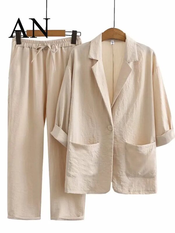 Conjunto de traje de lino y algodón para mujer, traje informal de dos piezas, Top y pantalones, moda de verano, 2 piezas elegantes