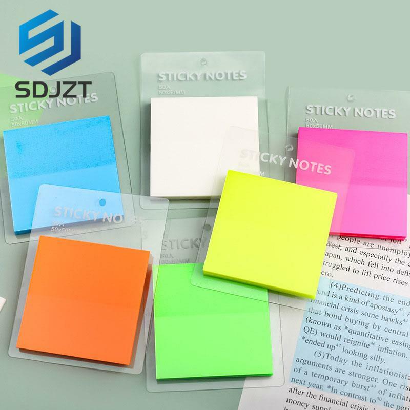 Impermeável transparente Sticky Notes, Clear Memo Pad, auto-adesivo Memo, lembrete de mensagem, escritório, escola, colorido, 50 folhas por conjunto