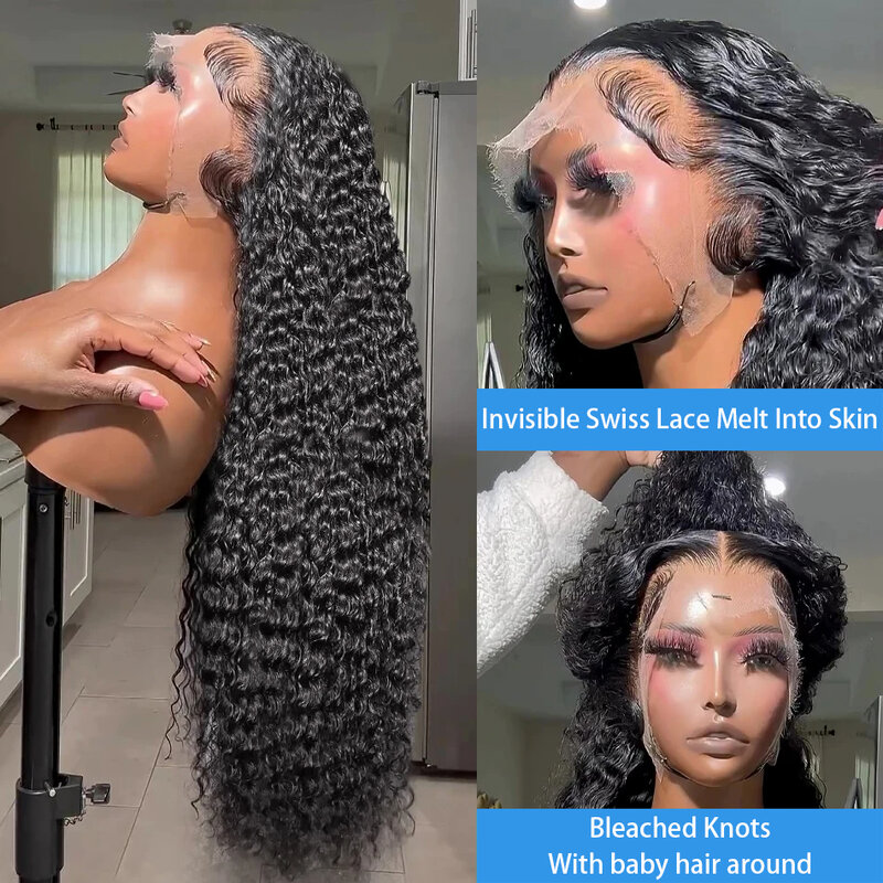 Peruca de cabelo humano onda profunda para mulheres, 13x6 Lace Front, peruca frontal de renda 13x4, cabelo remy brasileiro transparente, 180% Full HD, 26 in, 30 in