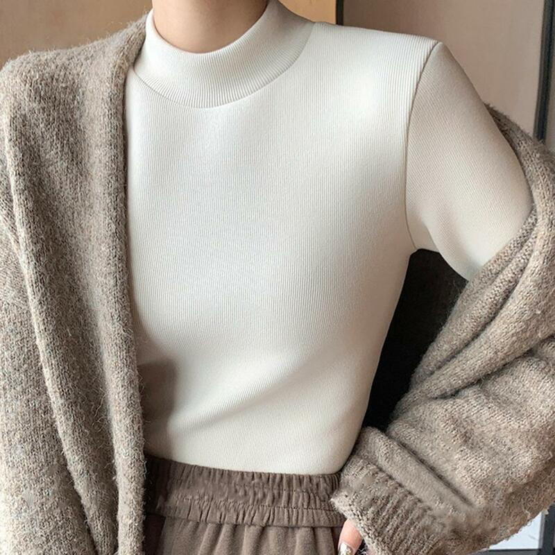 Regular-fit Women Top Elegant Thicken Velvet Lined Winter Sweater Slim Fit Knitwear Jumper with Half High Collar Stay Warm