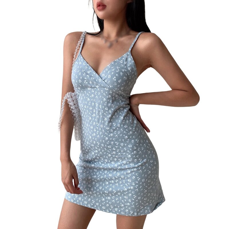 Women's Bodycon Dress Sexy Retro Flower-Covered Frock V-neck Slim Fit Sexy Dress