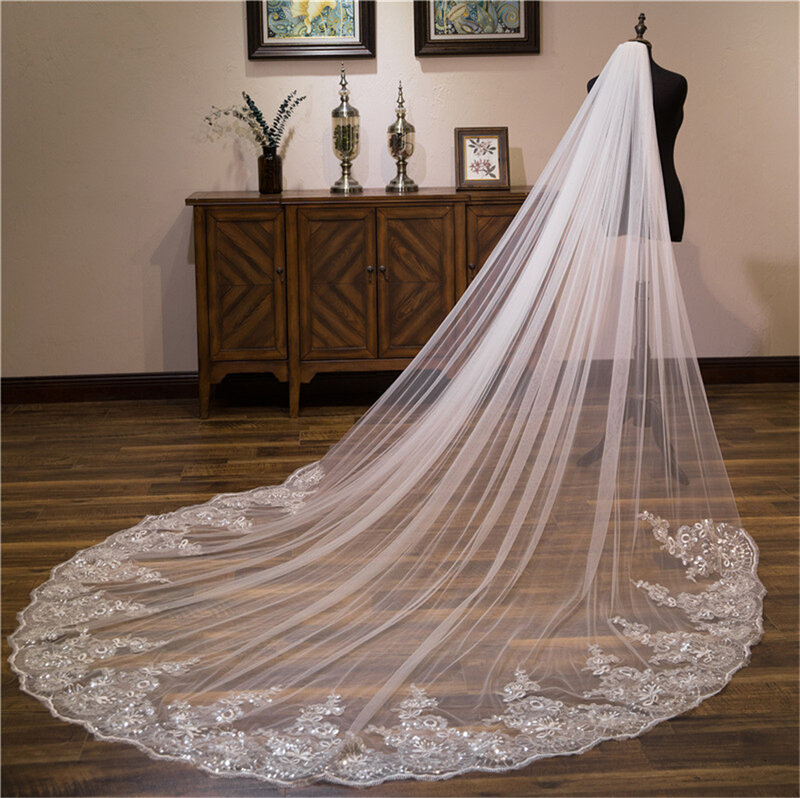 Wedding Veil Lace Edge Lange Luxe Bruidssluier Applique Pailletten Wit/Ivoor Sluier Met Kam Kathedraal One-Layer 3Meter