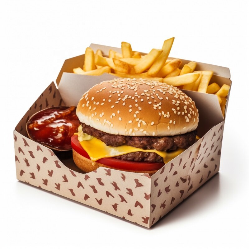 Produk kustom cetakan daur ulang kotak kertas kentang goreng untuk Makanan Cepat Burger kemasan Hamburger