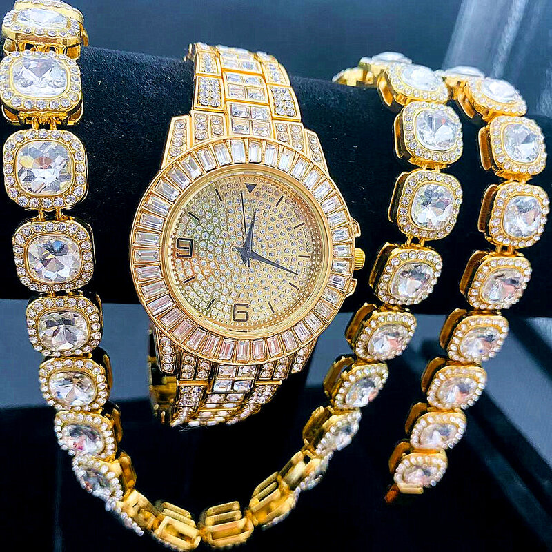 3 Buah Hip Hop Es Keluar Kuba Kalung Pria 12MM Tenis Rantai Perhiasan Setelan Warna Perak Berlian Imitasi CZ Jam Tangan untuk Pria Rapper Hadiah