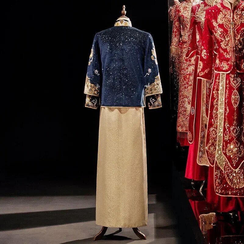 Cheongsam tradicional chinês masculino, bordado de dragão, terno longo do noivo, casado elegante retrô