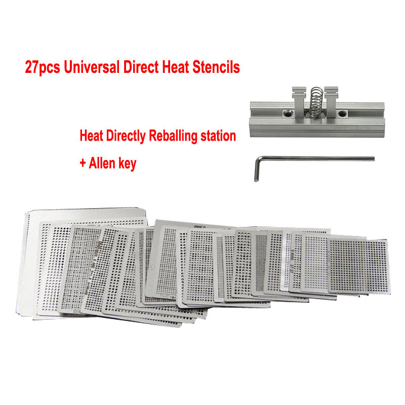 27 pçs universal de aquecimento direto bga estêncil com suporte modelo titular aquecido dispositivo elétrico reball gabarito para smt smd chips reballing