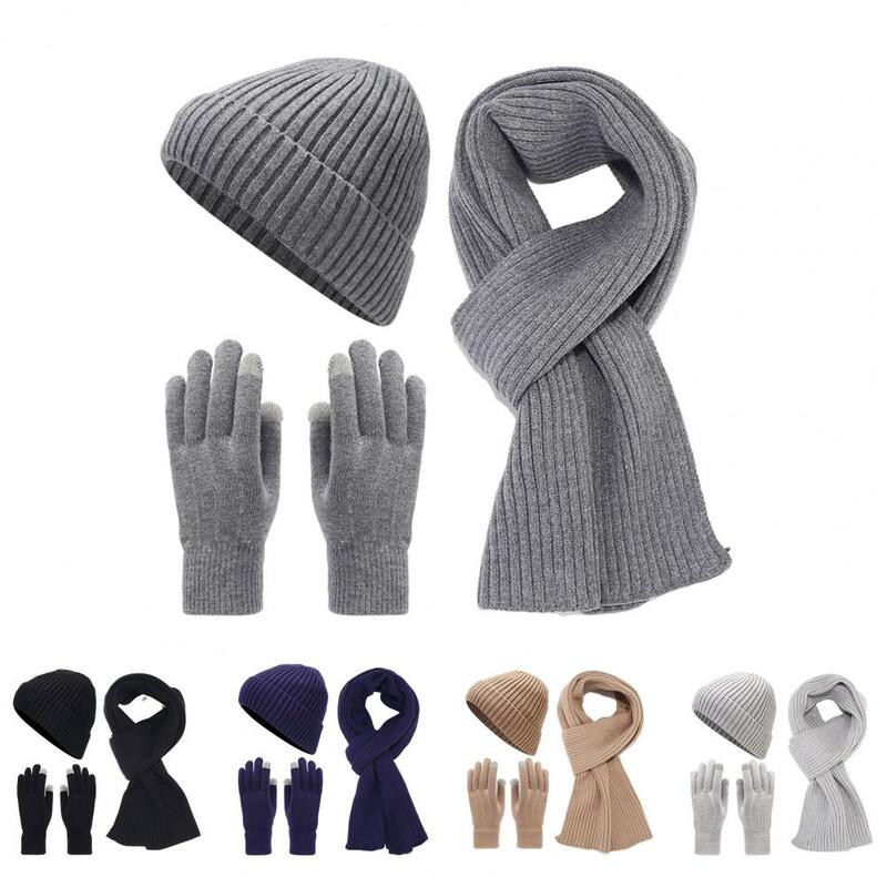 Ribbed Texture Warm Knit Scarf Mittens Hat Set 3-piece Unisex Women's Winter Beanie Hat Long Scarf Touch Screen Gloves for Cold