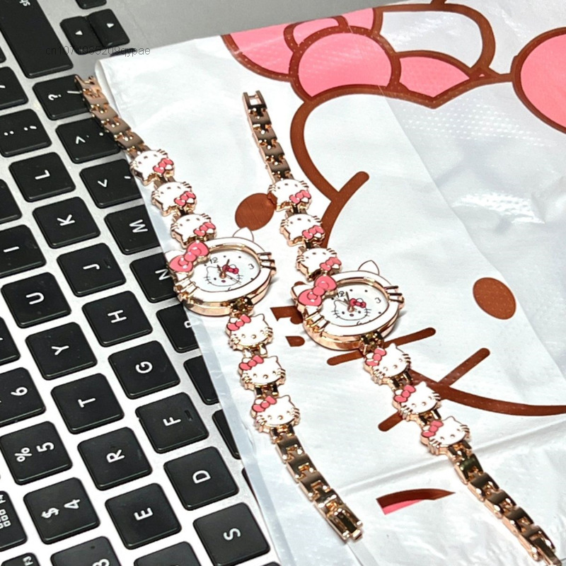 Sanrio นาฬิกาโลหะลายการ์ตูน Hello Kitty, นาฬิกาแฟชั่นสไตล์เกาหลีหวานๆสำหรับนักเรียนของขวัญวันเกิดใหม่