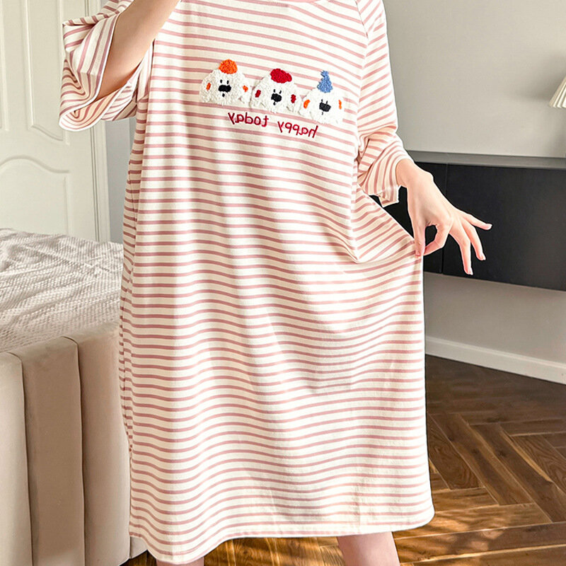 Cartoon Striped Nightdress Women Summer Cotton Medium Length Nightgown Cute Loose Fitting Nightwear Sweet Sleepwear Home Wear
